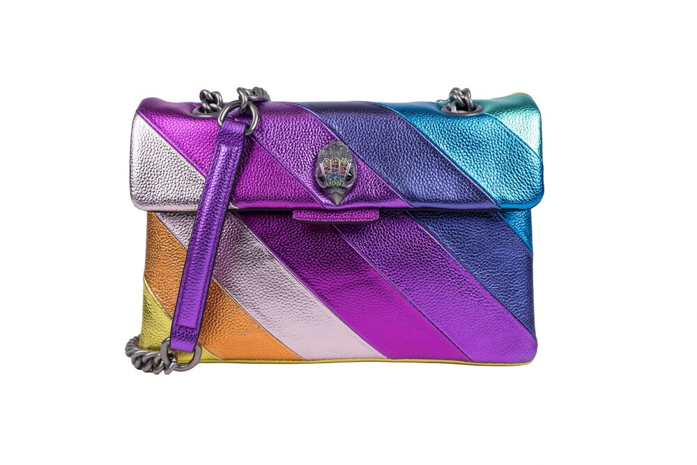 Kurt Geiger Blue Purple Yellow Kensington Shoulder Bag Rainbow Stripe Metallic L